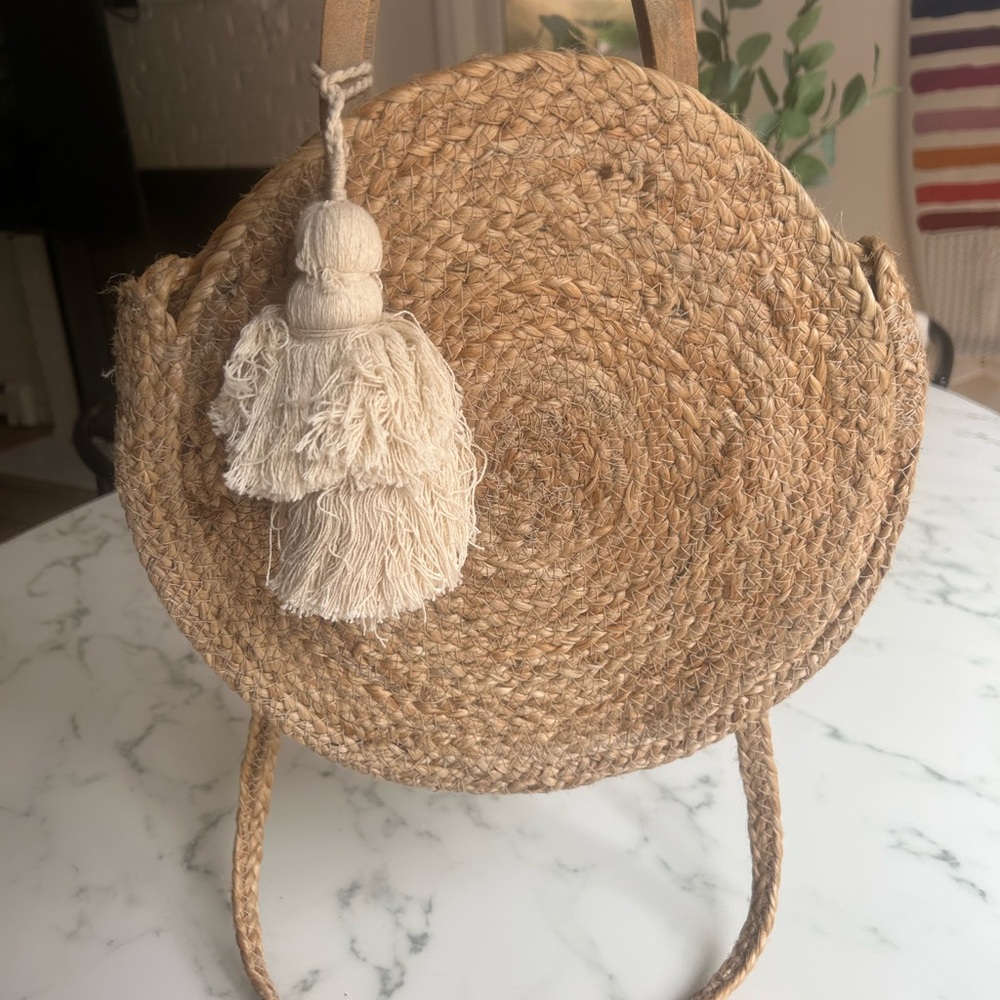 Zara Tan Round Woven Bag with Cream Tassel